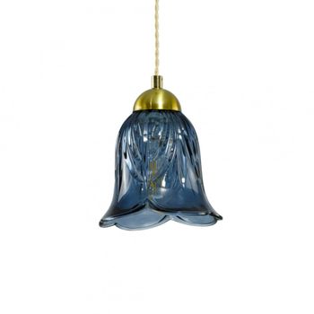 Lámpara colgante de cristal con metal y cable textil trenzado azul