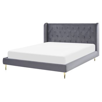 Cama Con Somier De Terciopelo Gris 160 X 200 Cm Cabecero Capitoné Moderno Forbach