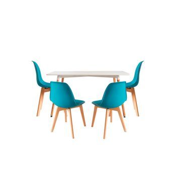 Conjunto Mesa Tower Rectangular 120 X 80 Cm Blanca Y Pack 4 Sillas Kelen - Verde Azulado