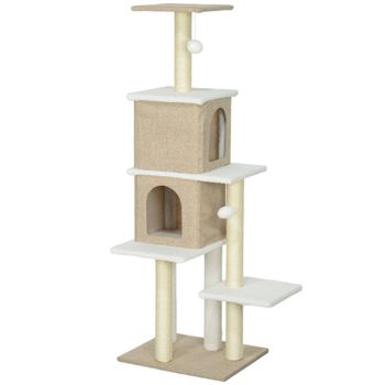 PawHut Árbol Rascador para Gatos de Borreguito de 140 cm con 2 Cuevas Plataformas Bolas Colgantes y Poste de Sisal Marrón Claro