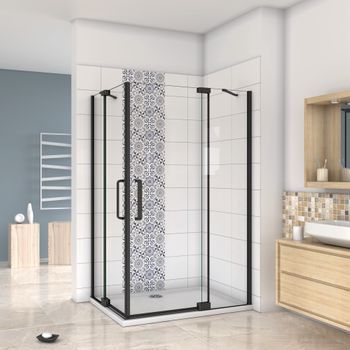Aica Mampara De Ducha Rectangular Abatible Perfil Negro Mate Con Barra Estabilizadora Vidrio Antical 8mm (1168-1208)x(768-808)x1950mm