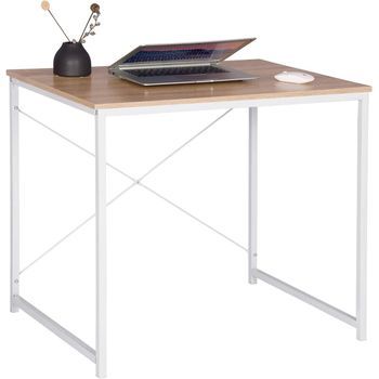 Escritorio Para Ordenador. Mesa De Oficina De Madera Y Acero. 80x60x70 Cm. Blanco Y Roble Claro.