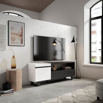 Mueble tv efecto madera blanco y negro 150x35x57cm con patas