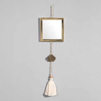 Espejo cuadrado de aluminio dorado con pompones 10x42 cm