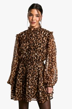 Vestido Holgado De Chifón Con Atadura Y Estampado De Leopardo, Brown
