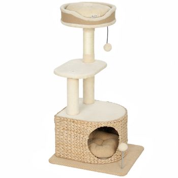 PawHut Árbol para Gatos Diseño Moderno Estilo Trenzado con Rascador 4 Niveles Caseta de Junco Percha en Yute 87 cm Beige
