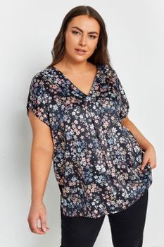 Yours Camiseta Negra De Flores Espalda Lisa, Mujer Curvy Y Tallas Grandes, Yours
