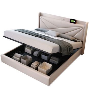 Cama Doble Tapizada - Almacenamiento - Carga Usb Tipo C - Somier De Láminas Incluido - Beige 160x200 Cm