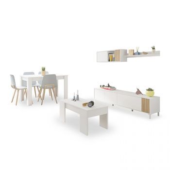 Pack Salón Con Mesa De Centro Y Mesa De Comedor Nitza Max V2b Blanco Artik (blanco Mate) - Natur 200 X 47 X 40 Cm