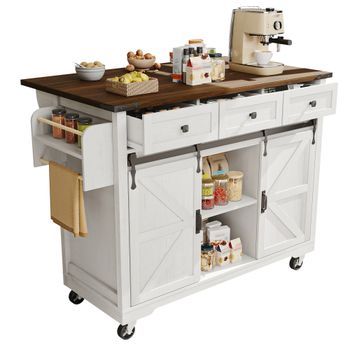 Isla De Cocina Con Encimera Extensible Y Carrito De Cocina Con Ruedas, 3 Cajones, 140x73x94 Cm, Mdf Y Metal, Beige