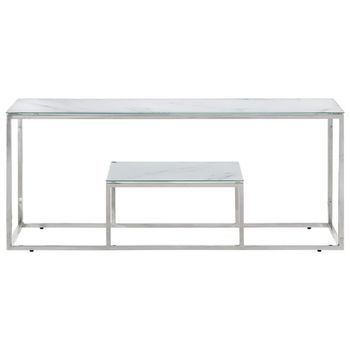 Mesa De Centro 110x45x45 Cm Acero Inoxidable, Cristal Templado Con Acabado De Mármol Blanco - Plateado