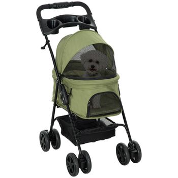 PawHut Carriola plegable para perro gato con cesto de almacenamiento portavasos tela 300D Oxford impermeable 4 ruedas verde
