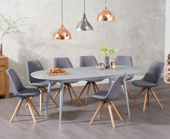 Olivia Extending Light Grey High Gloss Dining Table with Oscar Fabric Round Leg Chairs - Light Grey, 4 Chairs