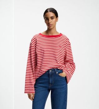 BOSS para mujer. 50569012 Camiseta de manga larga Ewa Stripe rojo (XL), Casual, Algodón