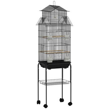 PawHut Jaula para Pájaros con Ruedas Comederos Perchas Columpio y Bandeja Extraíble 50,5x41x163 cm Negro