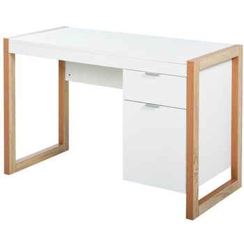 HOMCOM Mesa de Escritorio Mesa de Ordenador Espacioso con Cajón Armario Patas de Forma Rectangular 112,5x50x75,5 cm Blanco   Aosom España