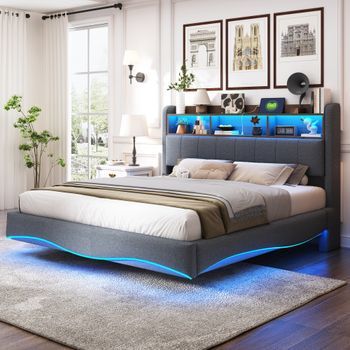 Cama Tapizada 160 X 200 Cm Con Cabecero - Leds, Usb Y Type-c - Tela De Lino - Somier De Láminas - Gris