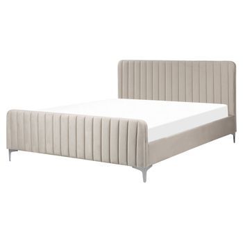 Cama Con Somier De Terciopelo Gris Pardo 160 X 200 Cm Acolchado Patas Metal Lunan