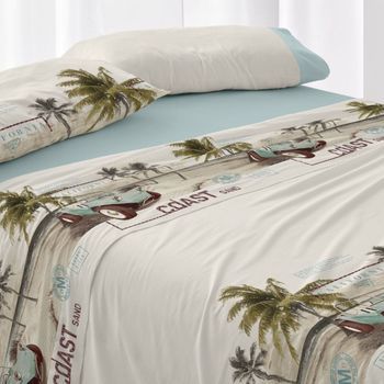 Juego De Sábanas 50% Algodón Diseño Vintage Playa Agua Marina 150 X 190/200 Cm - Agua Marina - Burrito Blanco