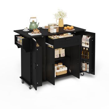 Isla De Cocina Con Encimera Abatible, Ruedas Y Almacenamiento, 120 × 70 × 95 Cm