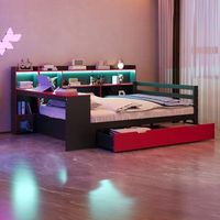 cama de madera con sofa cama 140x200 cm escritorio estantes espacio de almacenamiento iluminacion integrada enchufes negro y rojo