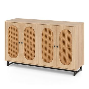 Costway Aparador Buffet con 4 Puertas de Ratán Estantes Ajustables Patas Metálicas 2 Dispositivos Antivuelco para Comedor Cocina Salón Natural