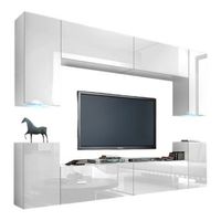 conjunto de muebles de salon blancos suspendidos coleccion cepto i 256cm 8 puertas 6 estantes leds modulares