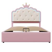 cama contenedor tapizada 140x200cm en simil piel con led y somier de laminas rosa