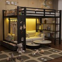 cama alta 140x200 con armario abierto estantes panel perforado y luz led