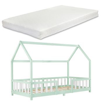 Cama Para Niños Sisimiut Forma De Casa Pino Colchón 90x200 Cm Verde [en.casa][neu.haus]