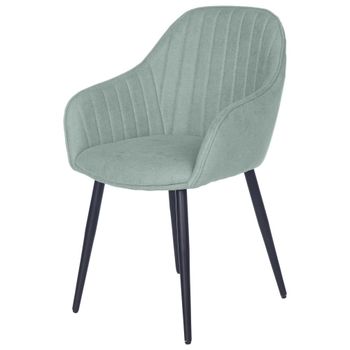 Silla de comedor tapizada color menta con reposabrazos.