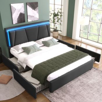 Cama Tapizada 160x200 Gris, Led, 4 Cajones, Cabecero Ajustable, Almacenamiento, Somier Listones Madera, Doble.