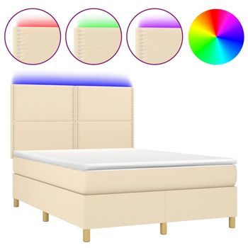 Cama Box Spring Colchón Y Luces Led Tela Crema 140x200 Cm Vidaxl