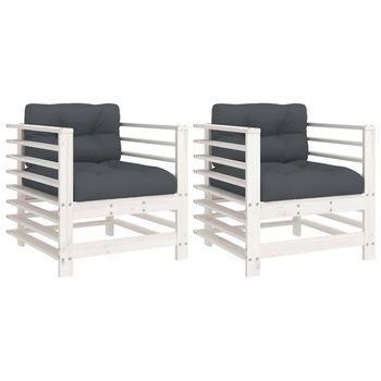 Pack 2 Uds Sillones De Jardín | Silla De Jardín | Silla De Exterior Con Cojines Madera Maciza Pino Blanco