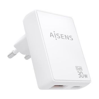 Cargador de pared Aisens ASCH-30W2P074-W GaN 30W USB-C y USB-A ultradelgado blanco