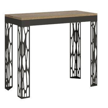 Consola Extensible De Diseño En Madera Y Acero Antracita Kiza Evolution-color Natural-soporte 2 Pies-alargaderas 5 Extensiones