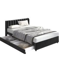 cama tapizada de terciopelo negra 180x200 cm con cabecero alto y dos cajones