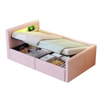 Cama Tapizada Infantil Rosa, Cama Individual 90x200 Con Almacenaje Y Led, Terciopelo