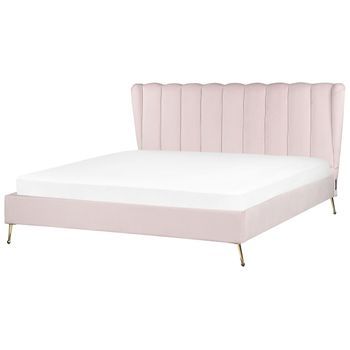 Cama Con Somier De Terciopelo Rosa Dorado 180 X 200 Cm Metal Usb Cabecero Miribel