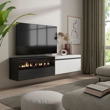 Mueble tv efecto madera blanco y negro 200x35x45 chimenea efecto fuego