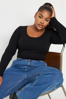 Yours Body Negro Canalé De Manga Larga Con Puntilla, Mujer Curvy Y Tallas Grandes, Yours