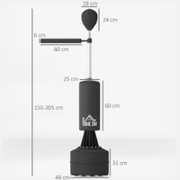homcom saco de boxeo de pie 155-205 cm saco de boxeo con barra giratoria de 360 bola de velocidad y base rellenable punching