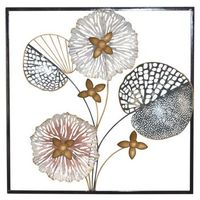 decoracion de pared con estampado de hojas y flores en metal rosa y dorado 50x5x50 cm dec05074