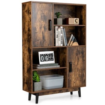 Costway Armario de Madera con 4 Niveles 2 Puertas 4 Repisas Abiertas Antivuelco para Salón Estudio Cocina Café 80 x 24 x 119,5 cm