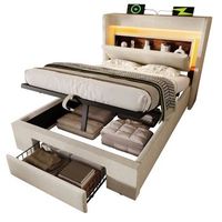cama tapizada 90x200 cm almacenamiento hidraulico led usb lino beige colchon