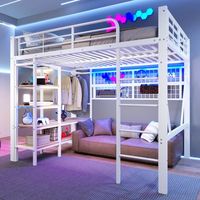 cama alta 140 x 200 cm con red baldas y barra para colgar ropa - metal - leds - blanco colchon no incluido
