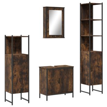 Set De Muebles Baño 4 Uds | Armario De Baño Madera Contrachapada Roble Ahumado