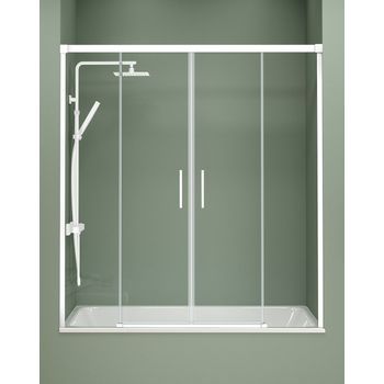 Mampara Bañera Frontal Corredera 2 Puertas - 2 Fijos Blanco | Cristal Templado De 6mm | Antical | 140-180cm | Transparente - Blanco Mate - 180 Cm (adaptable 174-179cm)