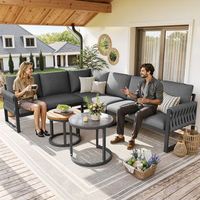 conjunto de salon de jardin bajo - 6 plazas con 2 mesas de centro - acero y cristal templado - gris 123x68x86cm