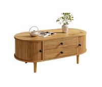 mesa de centro moderna retro ovalada sin tamano - puerta corredera 2 cajones ranuras verticales patas de madera multifuncional - roble